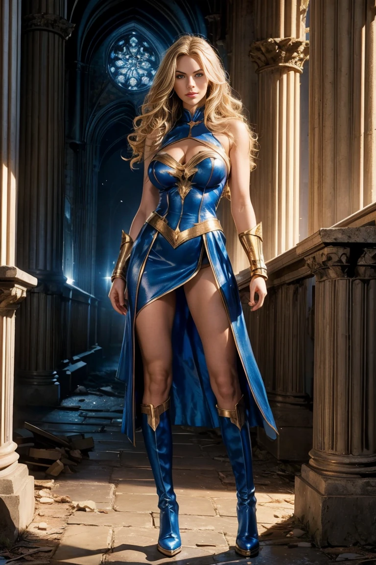 full body superheroine 14 years old  Wonder Girl blonde long wavy hair blue eyes red mouth tall muscular body big round breasts broad shoulders blue and gold short leather dress blue boots dress hero pose even a terrifying night in a ruined Gothic cathedral, a semi-dark plume of light octane render photorealistic 