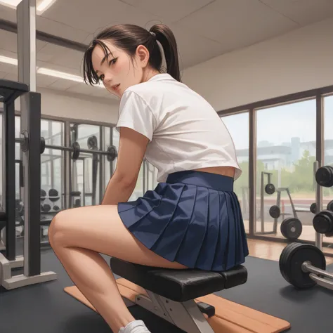 Asian in gym, skirt, commando, riding gym machine, horny