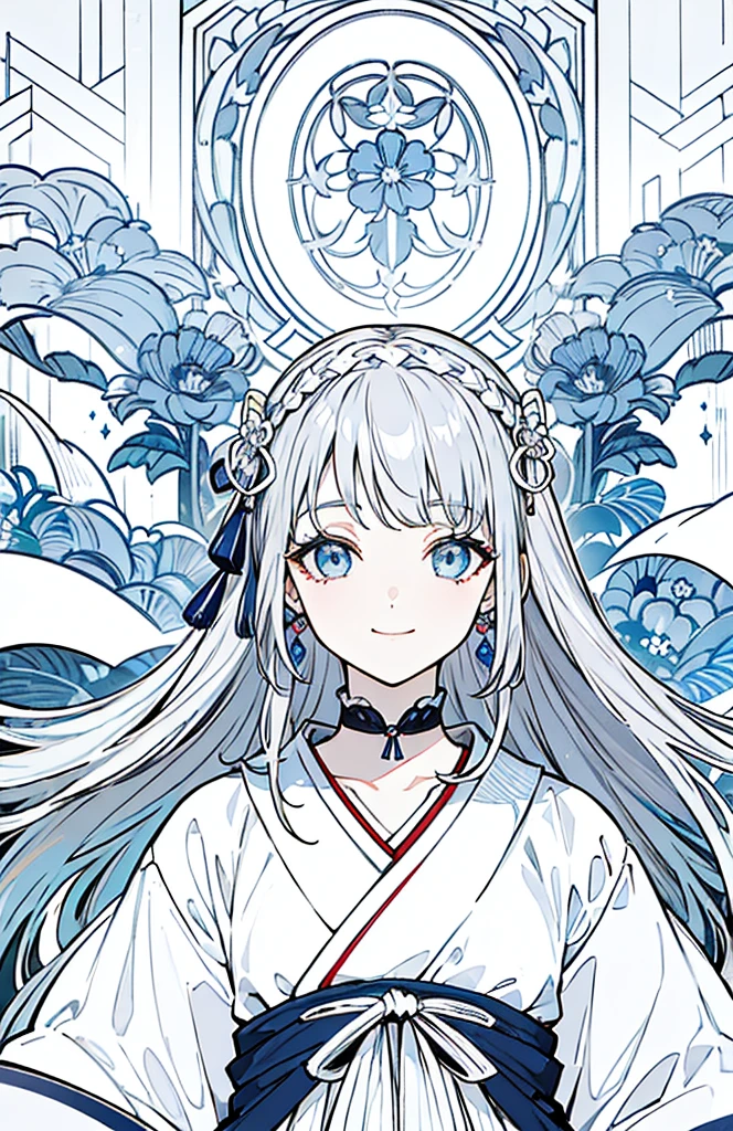 ((Highest quality)), ((masterpiece)), (Get used to it), Perfect Face , beautiful girl ,Gray Hair、White light blue eyes、1 white/light blue hair accessory、Japanese clothing、earrings、Long Hair、smile,