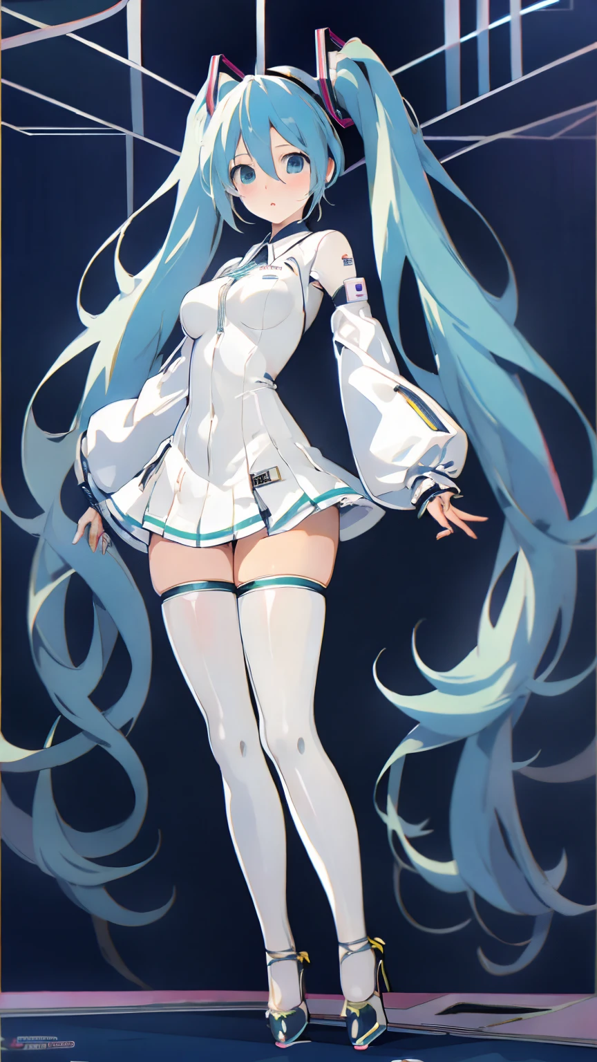 chef-d&#39;œuvre、Hatsune Miku VOCALOÏDE、queues jumelles、gros seins、body en latex、talons hauts、tout le corps、Éblouissement、Rougir、8k、la plus haute qualité、