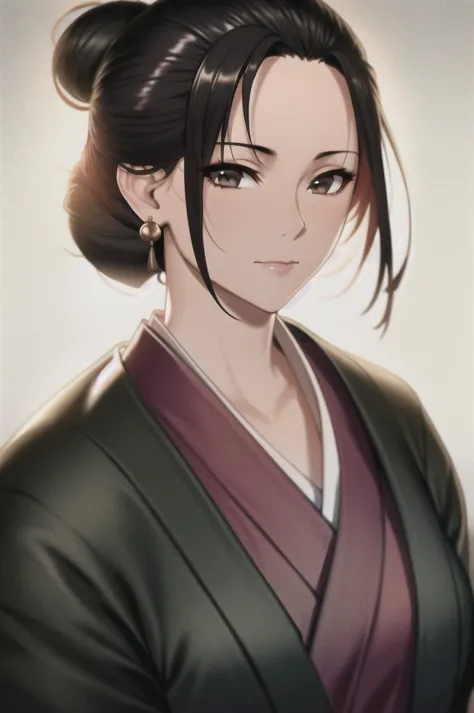 1girl, white background, black hair, closed mouth, japanese clothes, kimono, hair bun, looking at viewer, black eyes, single hai...