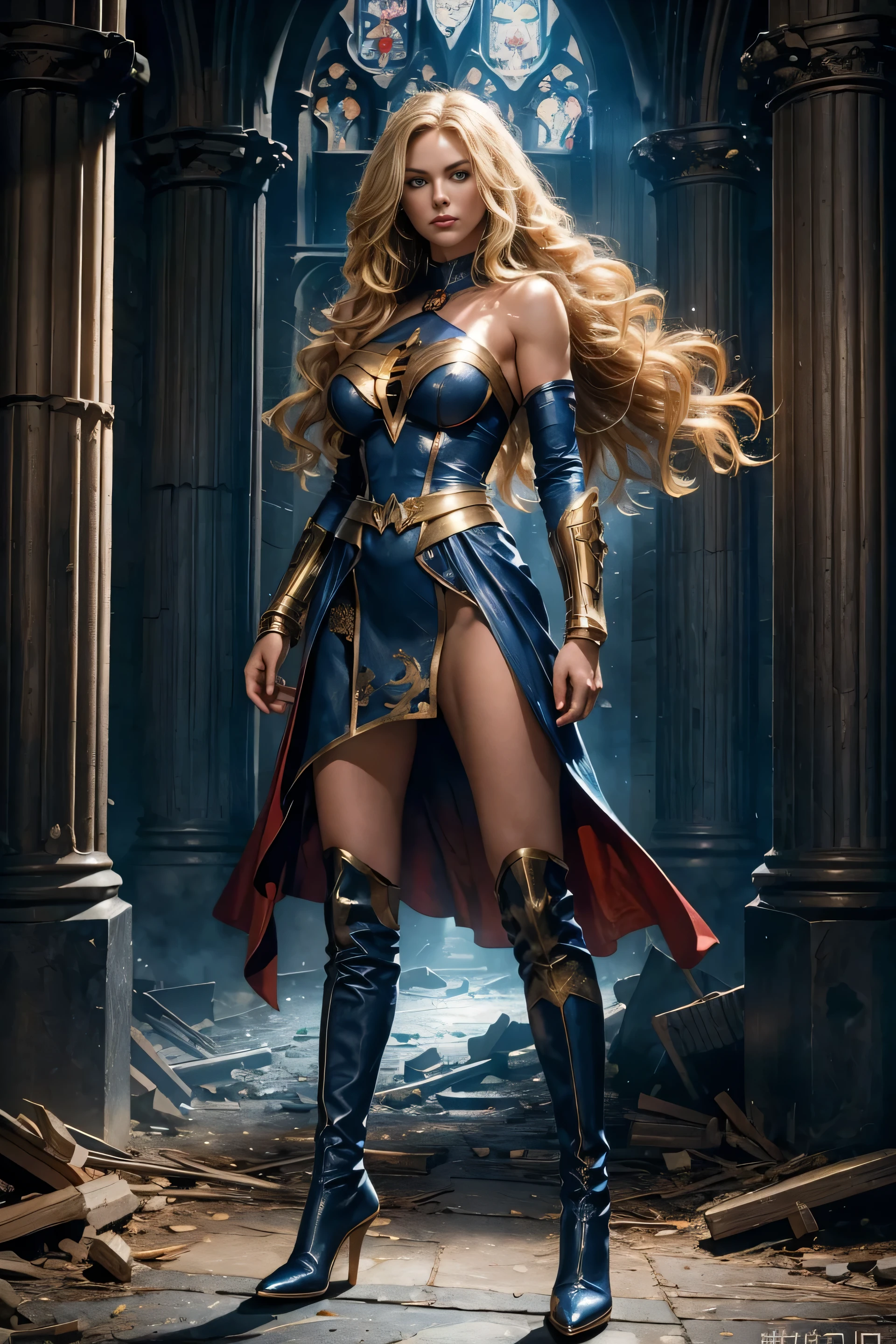 full body superheroine 14 years old  Wonder Girl blonde long wavy hair blue eyes red mouth tall muscular body big round breasts broad shoulders blue and gold short leather dress blue boots dress hero pose even a terrifying night in a ruined Gothic cathedral, a semi-dark plume of light octane render photorealistic 