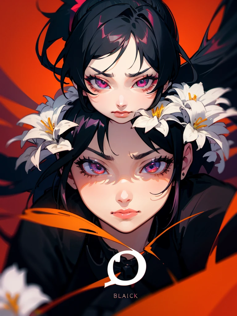 1 girl ,20s,mature woman,gaping mouth,ahegao,Bblack hair,((high ponytail)),long hair,Eyes red,crown of flowers,facing the front,portraite