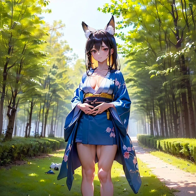 (Fox Girl, Fox Ears, Black colored hair, Fox Makeup, One Girl, Long Hair:1.6), (kimono, Kimono with open chest, A beautiful kimono with red and black patterns, I can see her cleavage, Open chest, Exposed skin:1.8), (Body measurements are 75-60-75!, Young girl body, Small breasts, Small breasts, Emphasize the chest, Knees are slightly visible, Standing posture, Muscular, Abdominal muscles, Hide your own chest with your hands:1.9), Avatar, face, lewd face, Dominant representation, naughty face, Uplifting, Skin Texture, outside, Grassy field, Angle looking up from below