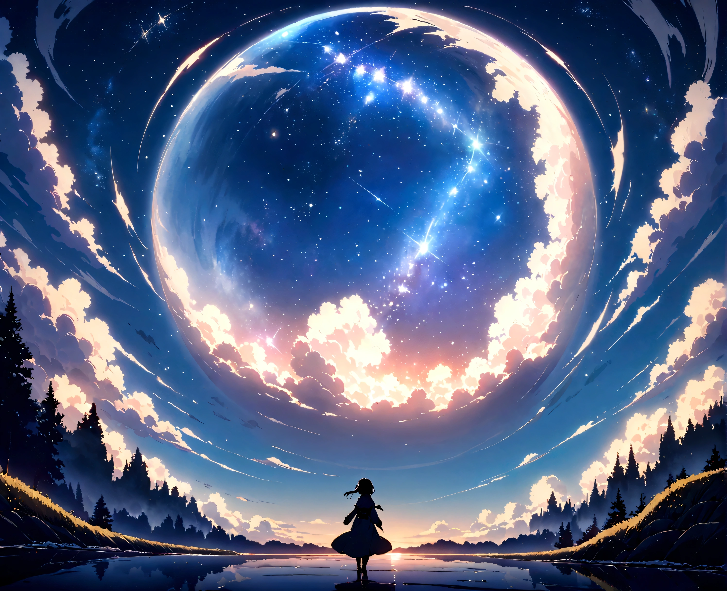 High quality masterpiece, landscape, Animated train passing through water on the tracks, Bright Starry Sky. Romantic Train, Pixiv, Concept Art, Lofi Art style, reflection. by Makoto Shinkai, Lofi Art, Beautiful anime scene, Anime landscape, Detailed landscape — width 672, in Makoto Shinkai&#39;s Style, Makoto Shinkai&#39;s Style, Enhanced Details.
Starry Sky with a person sitting on a box, Famous anime drawings, Topics on pixiv, magical realism, Space Sky. by Makoto Shinkai, Starry Sky!!, Awesome Wallpapers, Anime Sky, the sky is a Starry Sky, Atmospheric anime, Anime Background, Anime Background art, Starry Sky, Star-filled sky