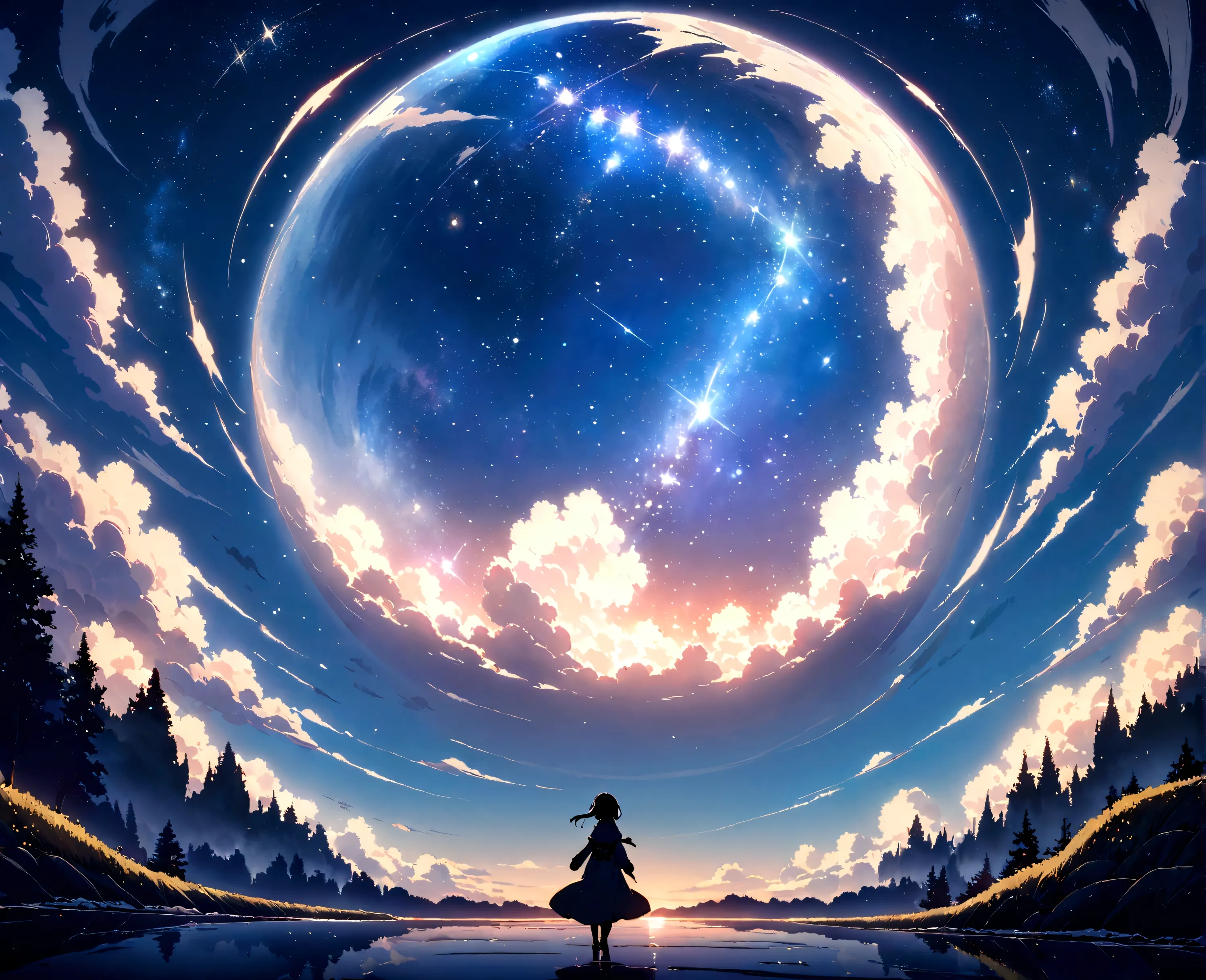 High quality masterpiece, landscape, Animated train passing through water on the tracks, 明るいStarry Sky. Romantic Train, Pixiv, C...