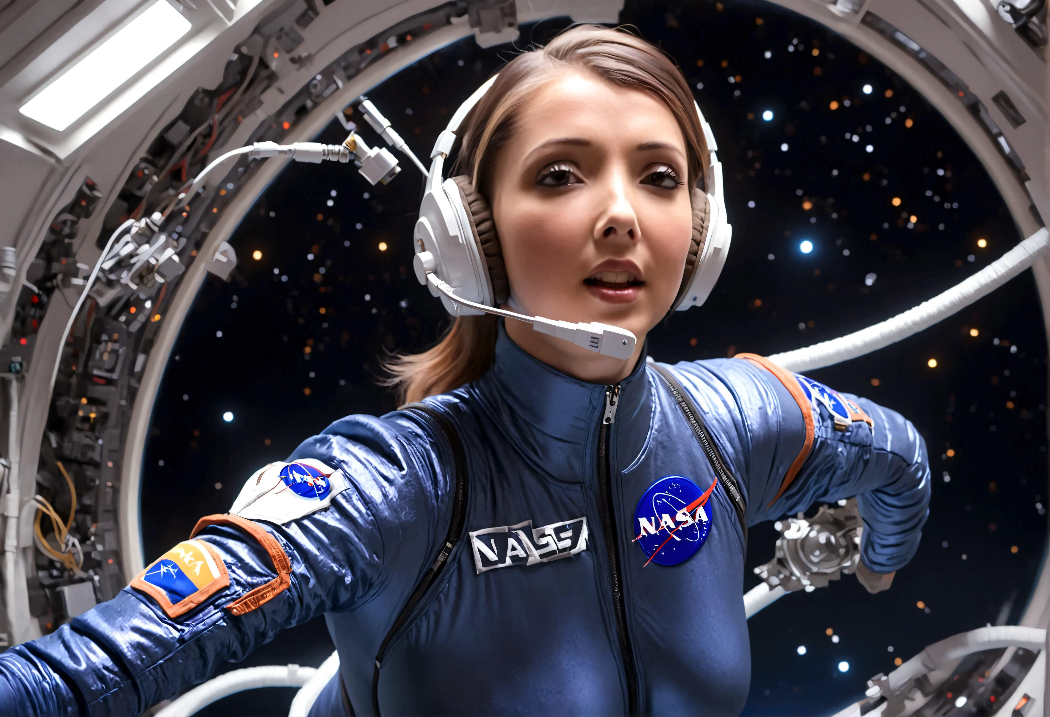 a cute woman with a headset, wearing a nasa skin suit, tight hairdo, navigating a cramped space station in zero gravity, checkin...