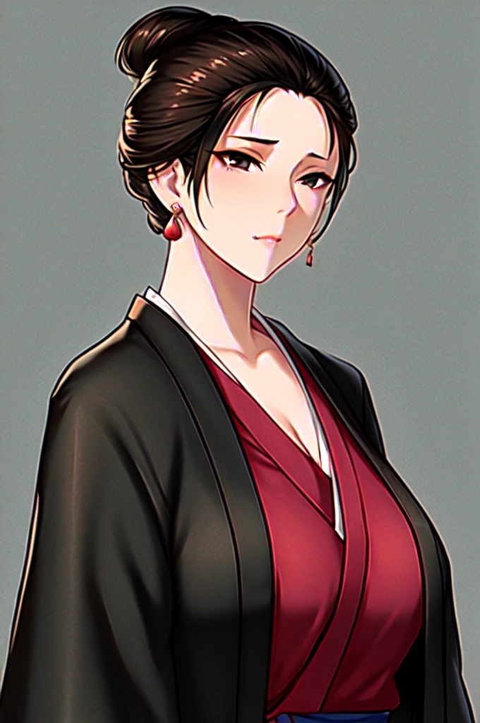 1girl, white background, black hair, closed mouth, japanese clothes, kimono, hair bun, looking at viewer, black eyes, single hair bun, upper body, brown eyes, short hair,emma \(sekiro\),(shiny skin),(mature female:1.2),tassel earrings, cleavage ,big breasts 