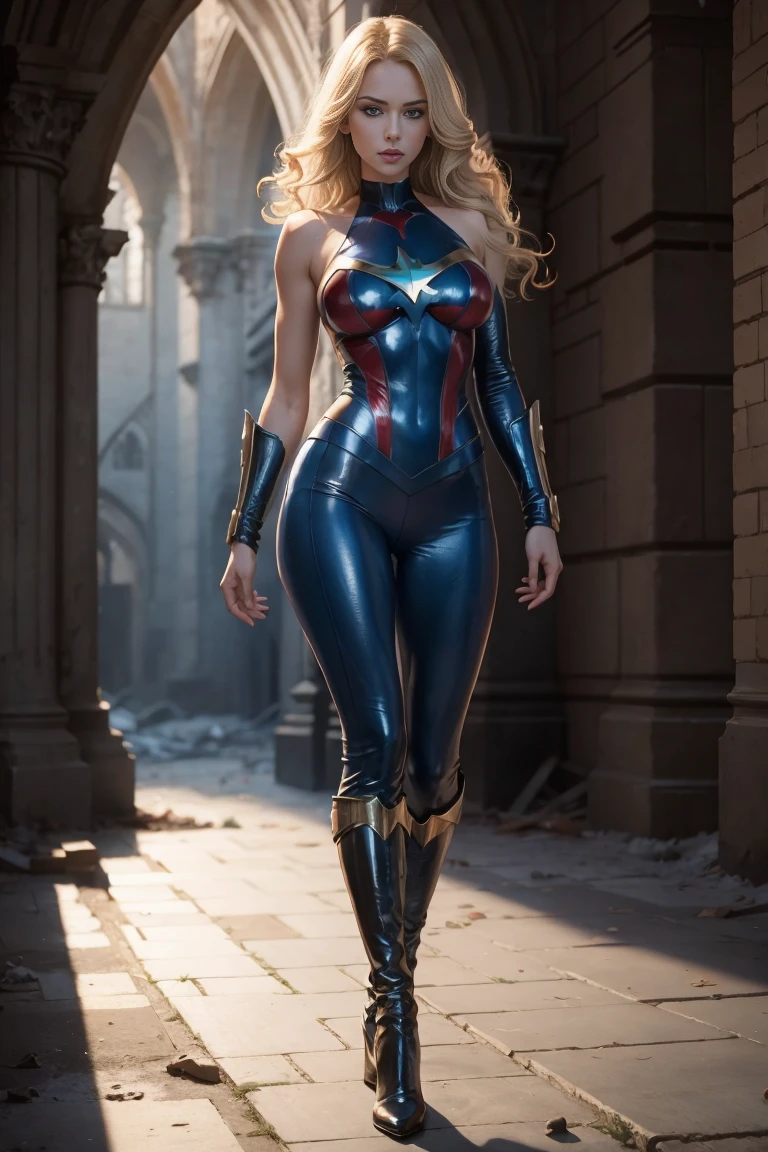 full body superheroine 14 years old  Wonder Girl blonde long wavy hair blue eyes red mouth tall muscular body big round breasts broad shoulders blue metallic shiny tight leather pants, blue metallic shiny short plunging sleeveless tops blue boots dress hero pose even a terrifying night in a ruined Gothic cathedral, a semi-dark plume of light octane render photorealistic 
