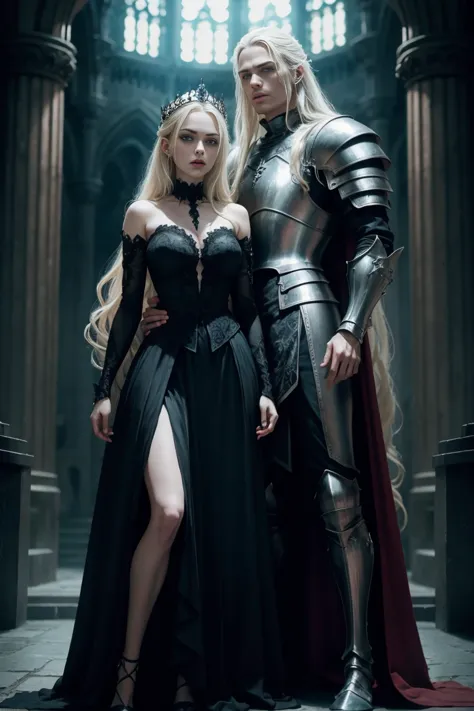 full body shot the lovely princess and and the dark evil king, blonde braided long hair blue eyes white skin red lips slim muscu...
