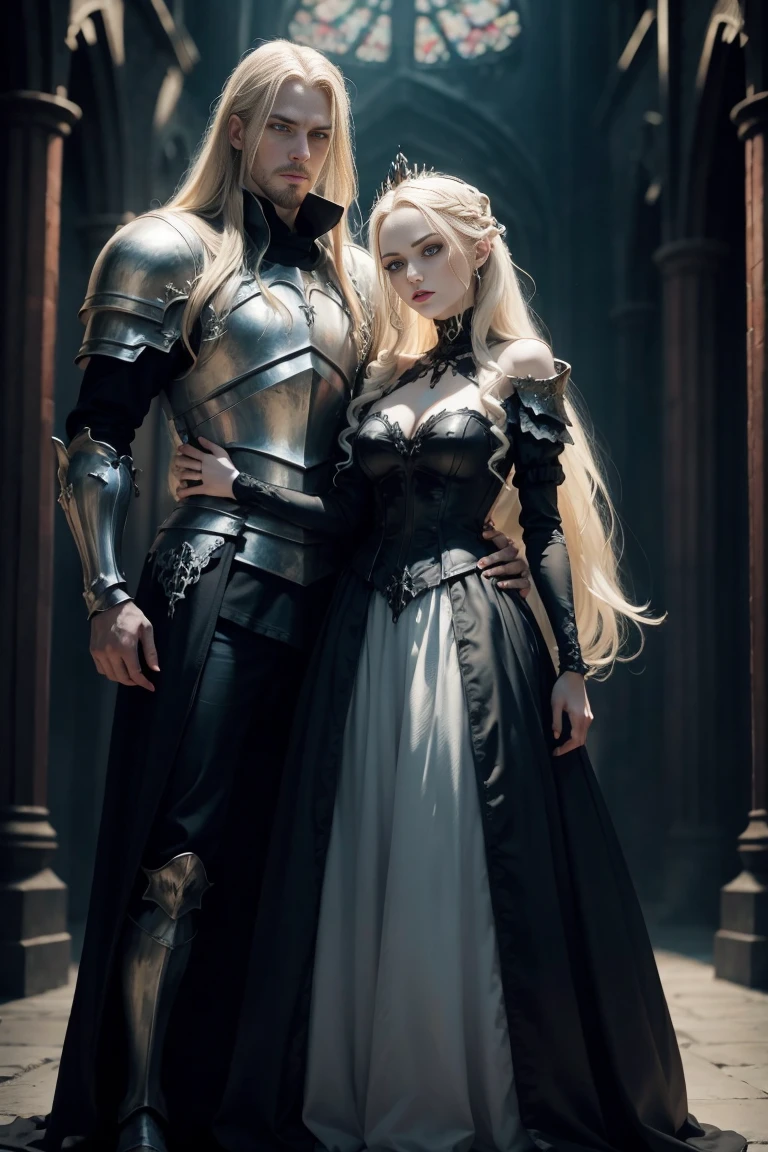 full body shot the lovely princess and and the dark evil king, blonde braided long hair blue eyes white skin red lips slim muscular aristocratic body, black metal knight armor gloomy gaze wrinkled face in a dark fantasy stage scene even a terrifying night in a ruined Gothic cathedral, a semi-dark plume of light