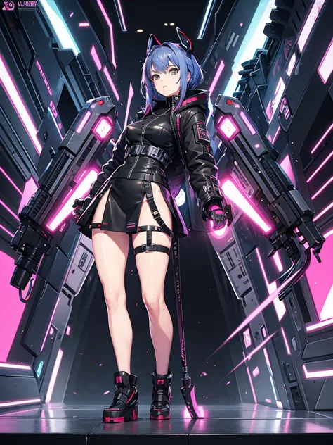 cyber punk。full body illustration。mini skirt。armed。