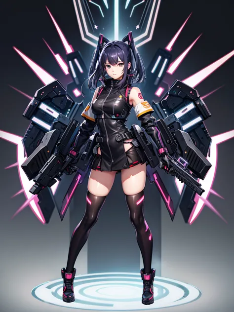 cyber punk。full body illustration。mini skirt。armed。