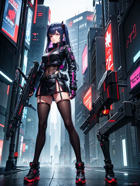 cyber punk。full body illustration。mini skirt。armed。