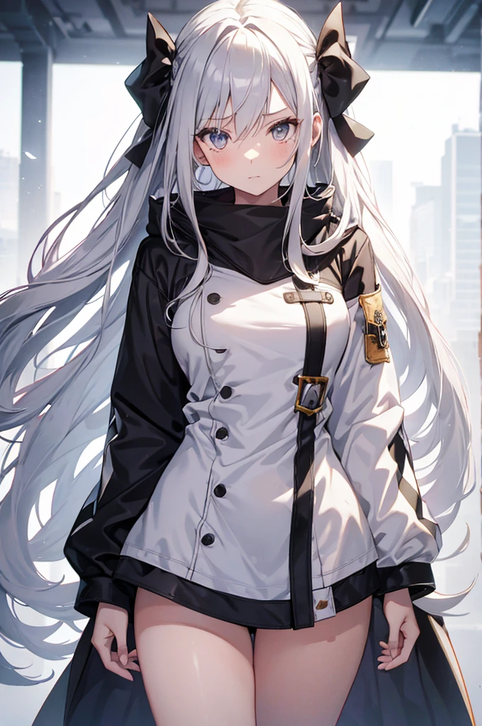 1girl, {Solitary}, Upper Body ,{{ {Watching at viewer}}}, Arms at your sides, Concept Art, white Background, simple Background, White hair, Silver gradient hair , Composite cloth, Asymmetrical clothes, Virtual YouTuber, best quality, masterpiece, Dynamic Angle, guilty gear, guilty gear, guilty gear, cowboy_shooting, Watching_Back, grab, girl,Miss,woman, young,20 years old, Very long hair, Hair Flip, Silver Hair, Flowing hair, Ahog, giggle, Beautiful and delicate golden eyes, teeth, Moderate_breast, Blonde eyes, White skin, coat, hoodie, Black_shorts, Gray clothes, transparent_Background, Backlighting, absurd, high resolution, Extremely detailed,