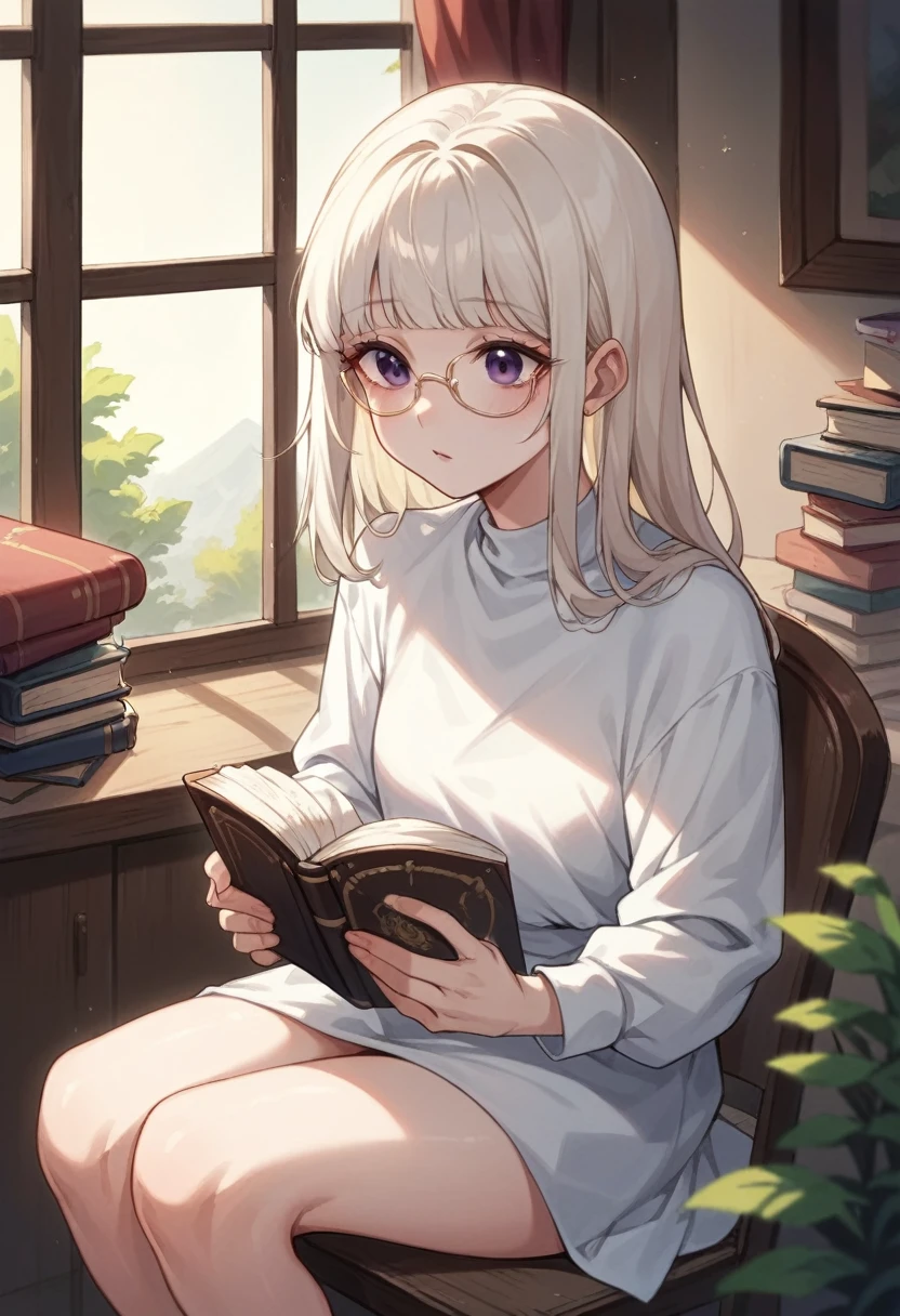 korean, milky white tender and glossy skin, deep violet eyes, albino, beautiful 39  years old female, tender delicate cute narrow face, neat and straight platinum blonde hair, wearing white casual clothes jewelry and glasses, sitting on chair by the window in bedroom of house in a forest reading a book