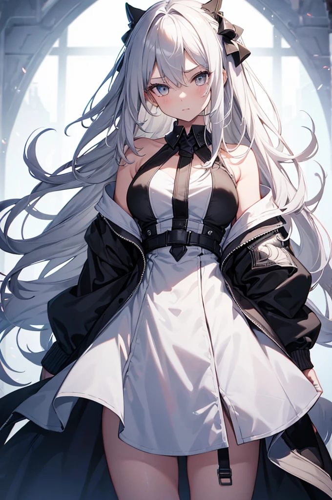 1girl, {Solitary}, Upper Body ,{{ {Watching at viewer}}}, Arms at your sides, Concept Art, white Background, simple Background, White hair, Silver gradient hair , Composite cloth, Asymmetrical clothes, Virtual YouTuber, best quality, masterpiece, Dynamic Angle, guilty gear, guilty gear, guilty gear, cowboy_shooting, Watching_Back, grab, girl,Miss,woman, young,20 years old, Very long hair, Hair Flip, Silver Hair, Flowing hair, Ahog, giggle, Beautiful and delicate golden eyes, teeth, Moderate_breast, Blonde eyes, White skin, coat, hoodie, Black_shorts, Gray clothes, transparent_Background, Backlighting, absurd, high resolution, Extremely detailed,