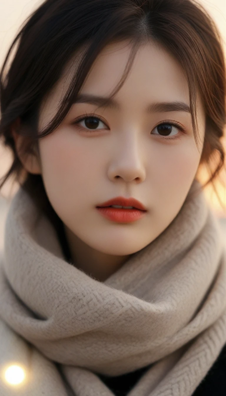 8K, 超High resolution, Highest quality, masterpiece, surreal, photograph,Three-part method, 1 Girl, (16 years old:1.3), pretty girl, Cute face, Beautiful eyes in every detail,Japan Female Announcer,Close Up、Young Wife,(Wearing a long winter coat and scarf、Close-up of a thin black double-sided updo:1.5)、(The girl turned around with a sad look on her face.。, Her hair blowing in the wind on a winter beach:1.5)、(Blurred Background:1.5)、(red sky at sunset:1.5)、(Perfect Anatomy:1.5)、(Complete Hand:1.3)、(Full Finger:1.3)、Realistic、生photograph、Tabletop、Highest quality、High resolution、Delicate and beautiful、Perfect Face、Beautiful details、Fair skin、Real human skin,super cute super model、Look closely at the camera 、Vividly detailed、detailed、surreal、Light and shadow,Strong light,Fashion magazine cover,Thin lips