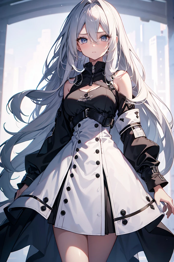 1girl, {Solitary}, Upper Body ,{{ {Watching at viewer}}}, Arms at your sides, Concept Art, white Background, simple Background, White hair, Silver gradient hair , Composite cloth, Asymmetrical clothes, Virtual YouTuber, best quality, masterpiece, Dynamic Angle, guilty gear, guilty gear, guilty gear, cowboy_shooting, Watching_Back, grab, girl,Miss,woman, young,20 years old, Very long hair, Hair Flip, Silver Hair, Flowing hair, Ahog, giggle, Beautiful and delicate golden eyes, teeth, Moderate_breast, Blonde eyes, White skin, coat, hoodie, Black_shorts, Gray clothes, transparent_Background, Backlighting, absurd, high resolution, Extremely detailed,