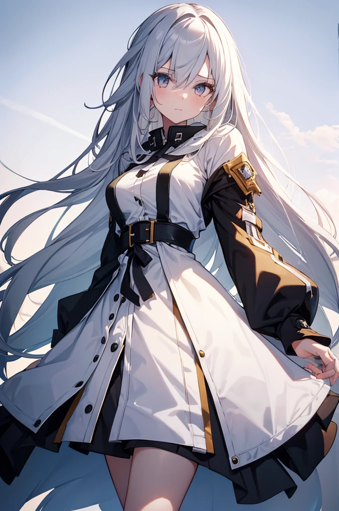 1girl, {Solitary}, Upper Body ,{{ {Watching at viewer}}}, Arms at your sides, Concept Art, white Background, simple Background, White hair, Silver gradient hair , Composite cloth, Asymmetrical clothes, Virtual YouTuber, best quality, masterpiece, Dynamic Angle, guilty gear, guilty gear, guilty gear, cowboy_shooting, Watching_Back, grab, girl,Miss,woman, young,20 years old, Very long hair, Hair Flip, Silver Hair, Flowing hair, Ahog, giggle, Beautiful and delicate golden eyes, teeth, Moderate_breast, Blonde eyes, White skin, coat, hoodie, Black_shorts, Gray clothes, transparent_Background, Backlighting, absurd, high resolution, Extremely detailed,