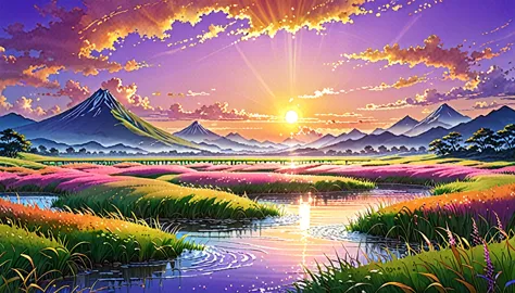 Create a fantasy landscape art of a vast grassland shining golden in the light of the setting sun.。The grassland spreads、You can...