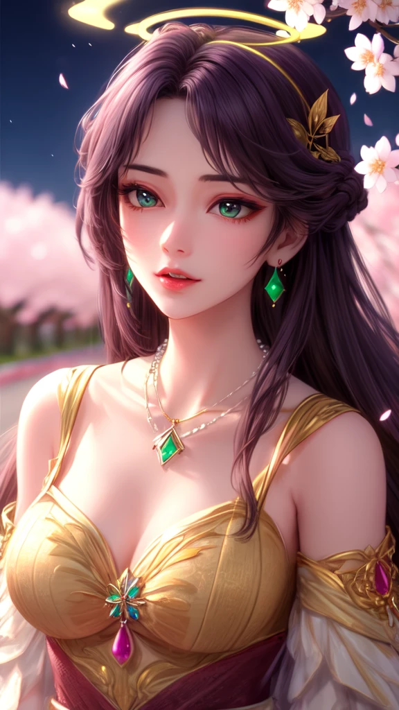 (,1 Girl, Throw,best quality,masterpiece,  ) ,(((Cherry blossoms,,  )))     Ultra-realistic 8k CG, Flawless, Clean, masterpiece, Professional artwork, Famous Artworks, Movie Lighting, Bloom, Perfect face, Pretty Face, fantasy, Like a dream, illusory, Science fiction, luxurious, Jewelry, diamond, Kaneko, pearl, gem, 蓝gem, 红gem, emerald, Intricate details, Exquisite pattern, charming, Tempting, Tempting, , enchanting, Hair accessories, necklace, earrings, bracelet, armband,Halo,Autumn leaves,