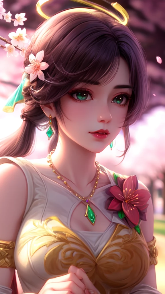 (,1 Girl, Throw,best quality,masterpiece,  ) ,(((Cherry blossoms,,  )))     Ultra-realistic 8k CG, Flawless, Clean, masterpiece, Professional artwork, Famous Artworks, Movie Lighting, Bloom, Perfect face, Pretty Face, fantasy, Like a dream, illusory, Science fiction, luxurious, Jewelry, diamond, Kaneko, pearl, gem, 蓝gem, 红gem, emerald, Intricate details, Exquisite pattern, charming, Tempting, Tempting, , enchanting, Hair accessories, necklace, earrings, bracelet, armband,Halo,Autumn leaves,