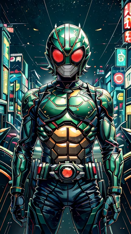 (8k),(masterpiece),(Japanese),(8-year-old boy),((innocent look)),((Childish)),From the front,smile,cute,Innocent,Kind eyes,Flat chest, green helmet, yellow domino mask,Aquaman,short,Black Hair,Strong wind,night,dark, Neon light cyberpunk city,Kamen rider,camisa