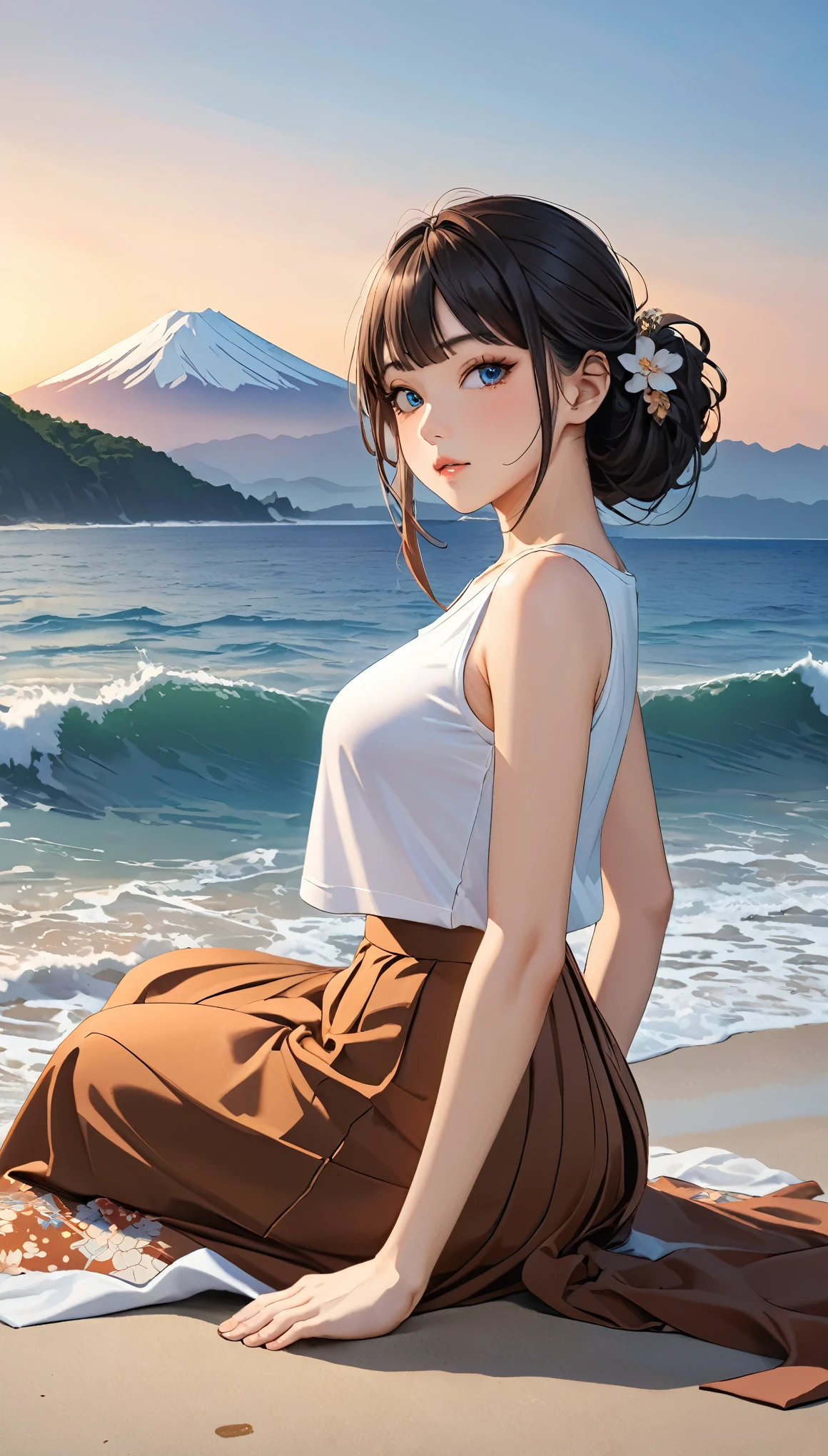 Highest quality, Super quality, 16K, Incredibly absurd, Very detailed, 2.5D, delicate and dynamic, blue sky, Calm sea, Sandy Beach, Sunset, Fuji Mountain, Small face, Extremely delicate facial expression, Delicate eye depiction, Extremely detailed hair, Upper body close-up, erotic, sole sexy Japanese lady, healthy shaped body, 22 years old lady, student,  huge firm bouncing busts, white silver long hair, sexy long legs, Glowing Skin, Soft Skin, Sleeveless T-shirt, brown long skirt, barefoot, Backwards, Turn to the camera