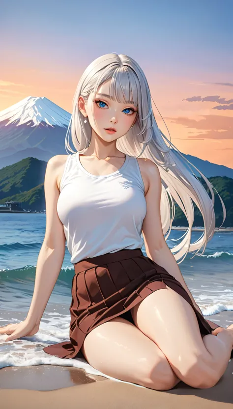 Highest quality, Super quality, 16K, Incredibly absurd, Very detailed, 2.5D, delicate and dynamic, blue sky, Calm sea, Sandy Beach, Sunset, Fuji Mountain, Small face, Extremely delicate facial expression, Delicate eye depiction, Extremely detailed hair, Upper body close-up, erotic, sole sexy Japanese lady, healthy shaped body, 22 years old lady, student,  huge firm bouncing busts, white silver long hair, sexy long legs, Glowing Skin, Soft Skin, Sleeveless T-shirt, brown long skirt, barefoot, Backwards, Turn to the camera