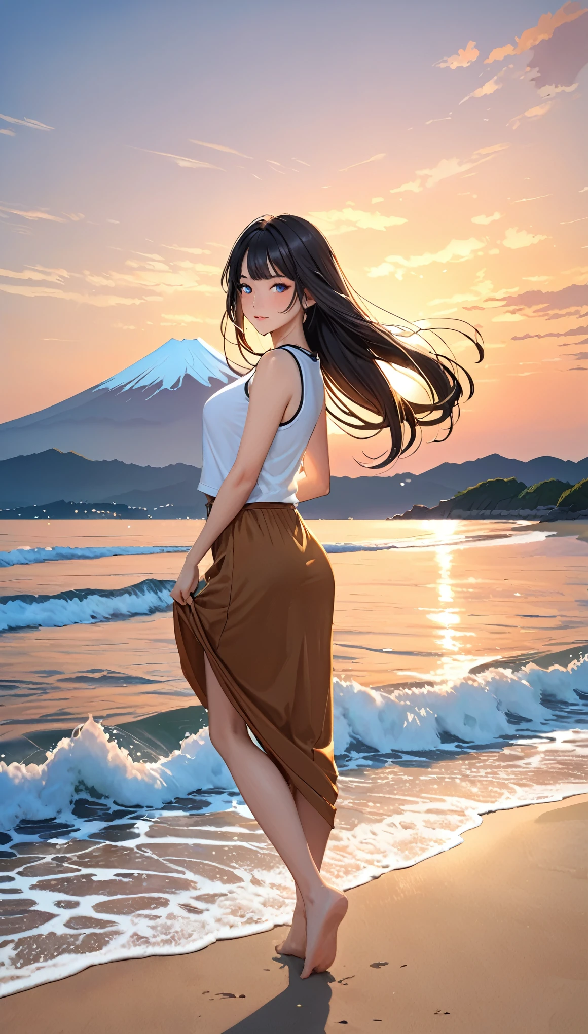 Highest quality, Super quality, 16K, Incredibly absurd, Very detailed, 2.5D, delicate and dynamic, blue sky, Calm sea, Sandy Beach, Sunset, sunset, Enoshima, Fuji Mountain, Small face, Extremely delicate facial expression, Delicate eye depiction, Extremely detailed hair, Upper body close-up, erotic, sole sexy Japanese lady, healthy shaped body, 22 years old lady, student,  huge firm bouncing busts, white silver long hair, sexy long legs, Glowing Skin, Soft Skin, Sleeveless T-shirt, brown long skirt, barefoot, Standing backwards, Turn to the camera
