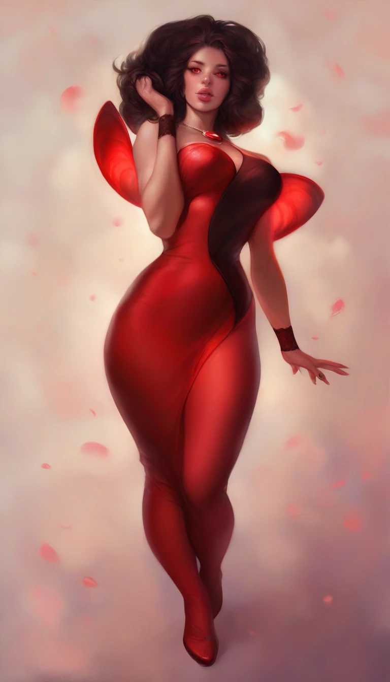 a beautiful and seductive Garnet from Steven Universe, detailed facial features, piercing red eyes, full lips, glowing reddish skin, flowing dark hair, wearing a revealing red dress, elegant and powerful pose, intricate gemstone details, fantasy world background, dramatic lighting, cinematic composition, photorealistic, extremely detailed, 8k, high quality, digital painting, illustration
