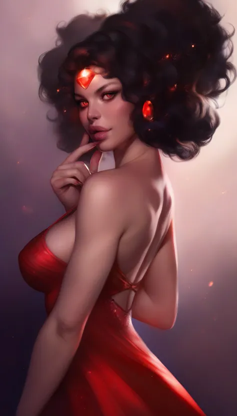 a beautiful and seductive garnet from steven universe, detailed facial features, piercing red eyes, full lips, glowing reddish s...