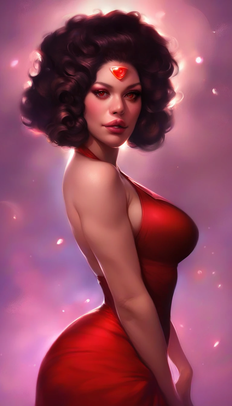 a beautiful and seductive Garnet from Steven Universe, detailed facial features, piercing red eyes, full lips, glowing reddish skin, flowing dark hair, wearing a revealing red dress, elegant and powerful pose, intricate gemstone details, fantasy world background, dramatic lighting, cinematic composition, photorealistic, extremely detailed, 8k, high quality, digital painting, illustration
