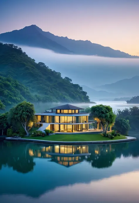 a modern villa, nestled on a tranquil island, is enveloped in a veil of mist. the surrounding mountains, shrouded in a soft, eth...