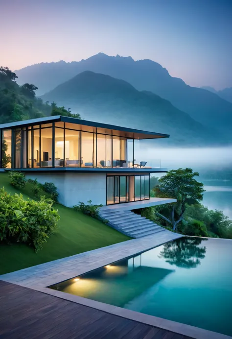 a modern villa, nestled on a tranquil island, is enveloped in a veil of mist. the surrounding mountains, shrouded in a soft, eth...