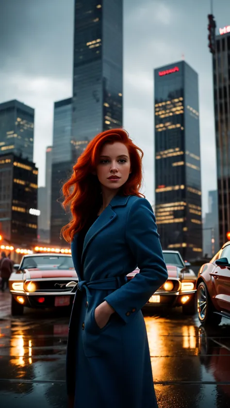 A beautiful woman redhead, in a rainy day,  at blue hour. In background a clasic mustang car 70's. In a modern city, with skyscr...