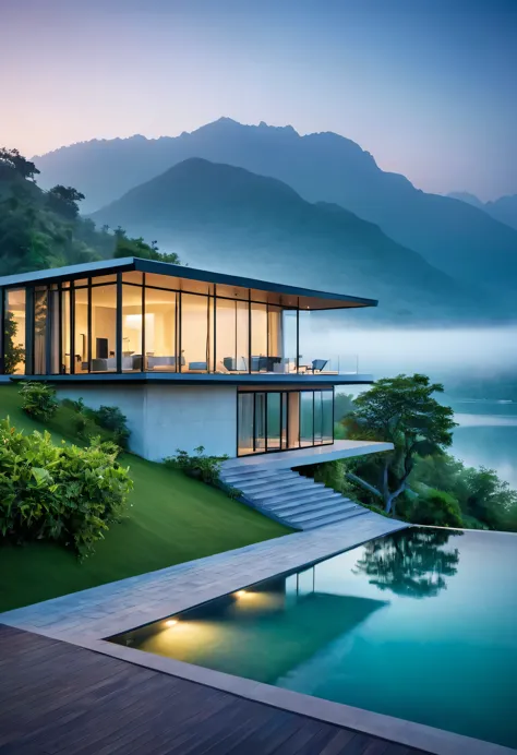 a modern villa, nestled on a tranquil island, is enveloped in a veil of mist. the surrounding mountains, shrouded in a soft, eth...