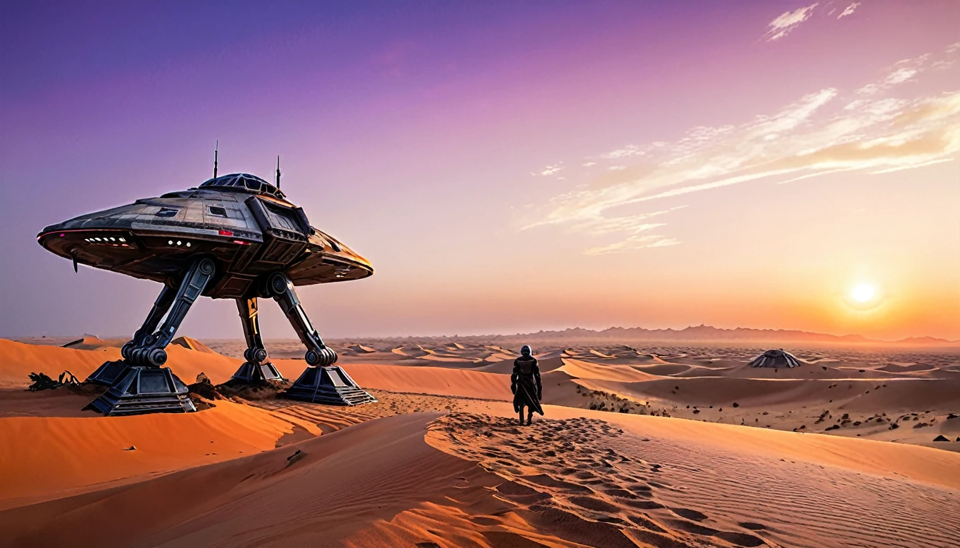 Create an epic sunset scene in an alien desert, inspired by the poster of "Star Wars: The Force Awakens". over the horizon, the double sun is setting, Painting the sky with warm shades of orange, pink and purple. Large spacecraft wreckage is half-buried in sand dunes, creating a sense of history and mystery. In the foreground, a lone character in futuristic clothing and a droid are standing on a hill, looking at the vast expanse of the desert. The atmosphere should evoke a sense of adventure and discovery, with a mix of technological and natural elements. Lighting should be soft, with long shadows highlighted by the glow of the sunset.