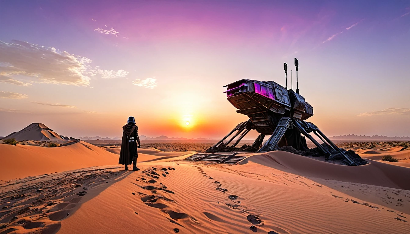 Create an epic sunset scene in an alien desert, inspired by the poster of "Star Wars: The Force Awakens". over the horizon, the double sun is setting, Painting the sky with warm shades of orange, pink and purple. Large spacecraft wreckage is half-buried in sand dunes, creating a sense of history and mystery. In the foreground, a lone character in futuristic clothing and a droid are standing on a hill, looking at the vast expanse of the desert. The atmosphere should evoke a sense of adventure and discovery, with a mix of technological and natural elements. Lighting should be soft, with long shadows highlighted by the glow of the sunset.