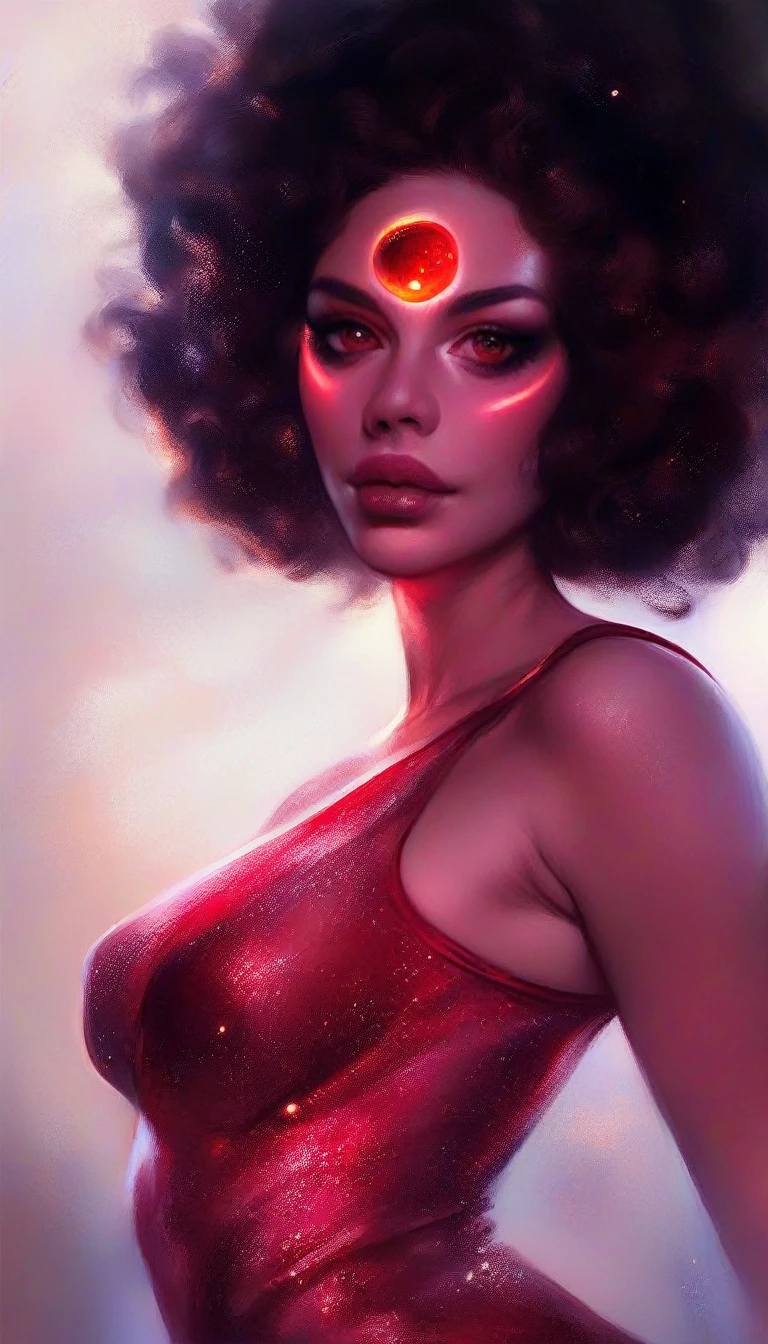 a beautiful and seductive Garnet from Steven Universe, detailed facial features, piercing red eyes, full lips, glowing reddish skin, flowing dark hair, wearing a revealing red dress, elegant and powerful pose, intricate gemstone details, fantasy world background, dramatic lighting, cinematic composition, photorealistic, extremely detailed, 8k, high quality, digital painting, illustration
