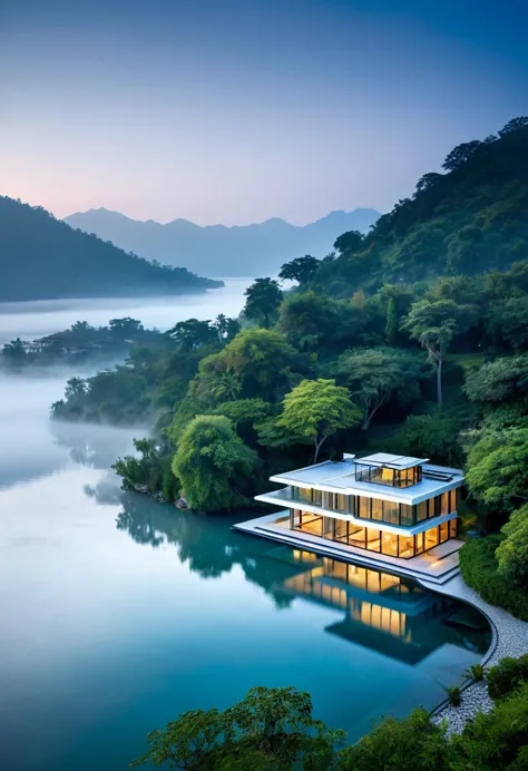 a modern villa, nestled on a tranquil island, is enveloped in a veil of mist. the surrounding mountains, shrouded in a soft, eth...