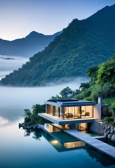 a modern villa, nestled on a tranquil island, is enveloped in a veil of mist. the surrounding mountains, shrouded in a soft, eth...