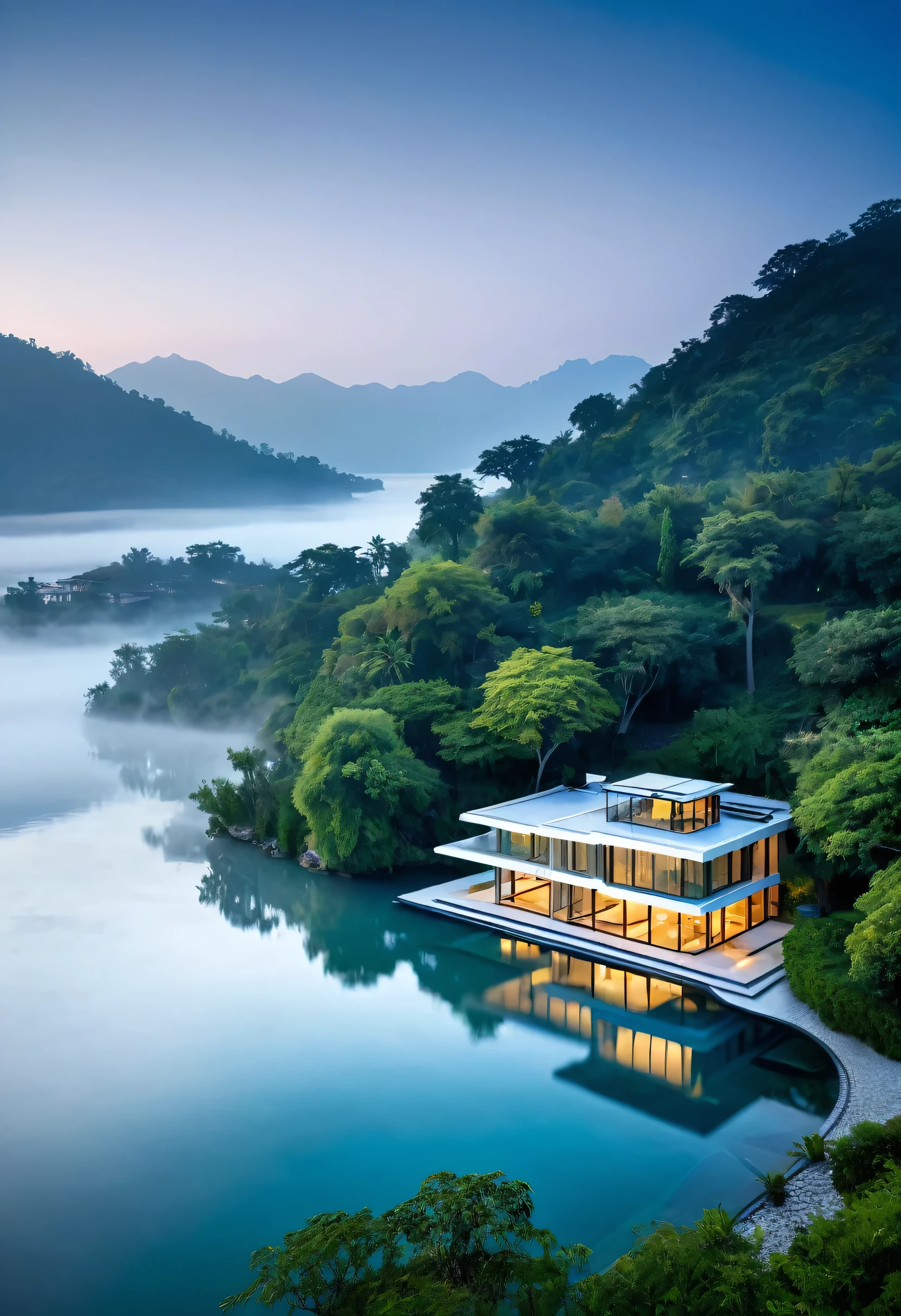 A modern villa, nestled on a tranquil island, is enveloped in a veil of mist. The surrounding mountains, shrouded in a soft, ethereal glow, create a sense of serenity and isolation. The villa's sleek lines and expansive windows offer breathtaking views of the serene lake and the majestic peaks beyond.