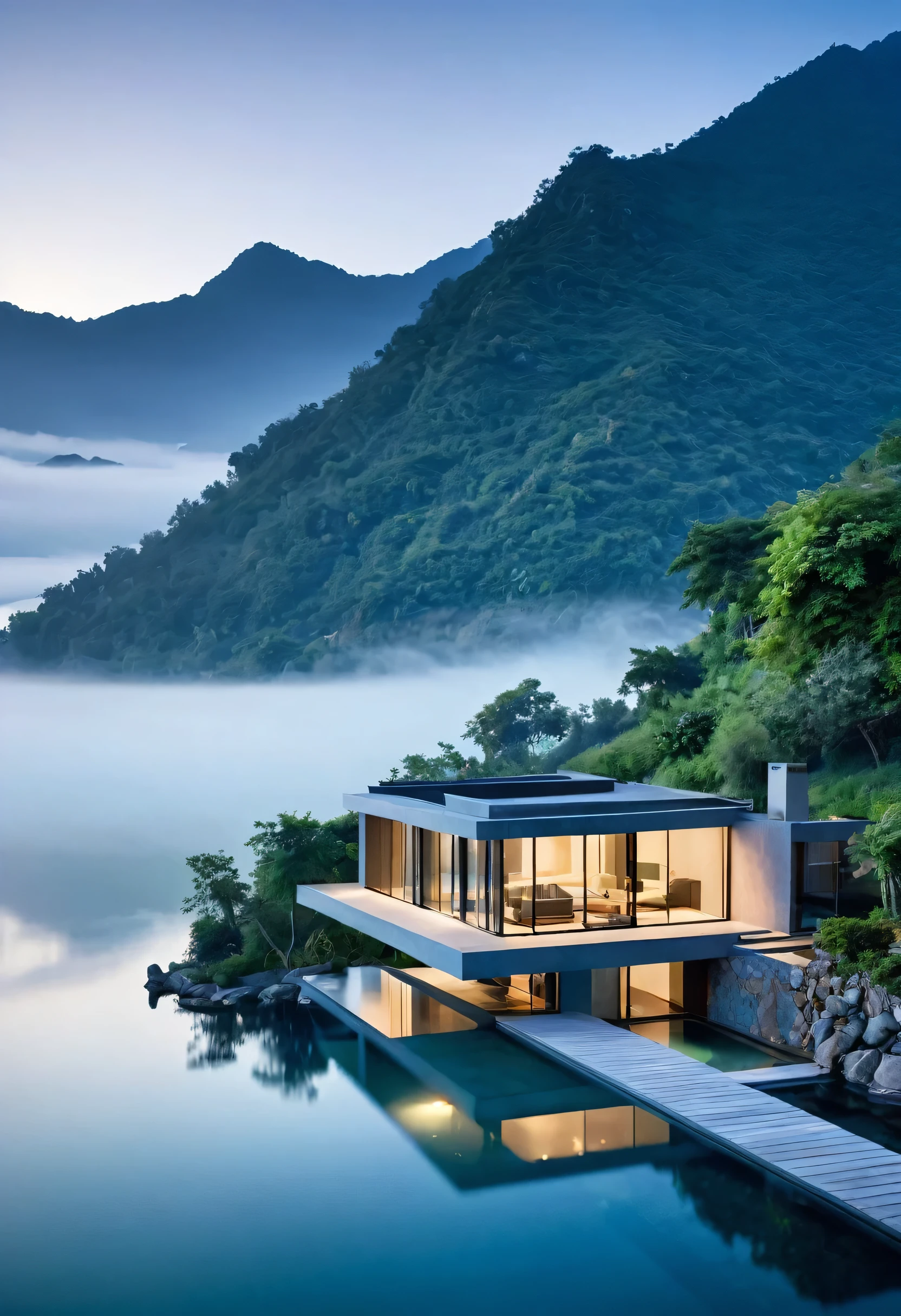 A modern villa, nestled on a tranquil island, is enveloped in a veil of mist. The surrounding mountains, shrouded in a soft, ethereal glow, create a sense of serenity and isolation. The villa's sleek lines and expansive windows offer breathtaking views of the serene lake and the majestic peaks beyond.