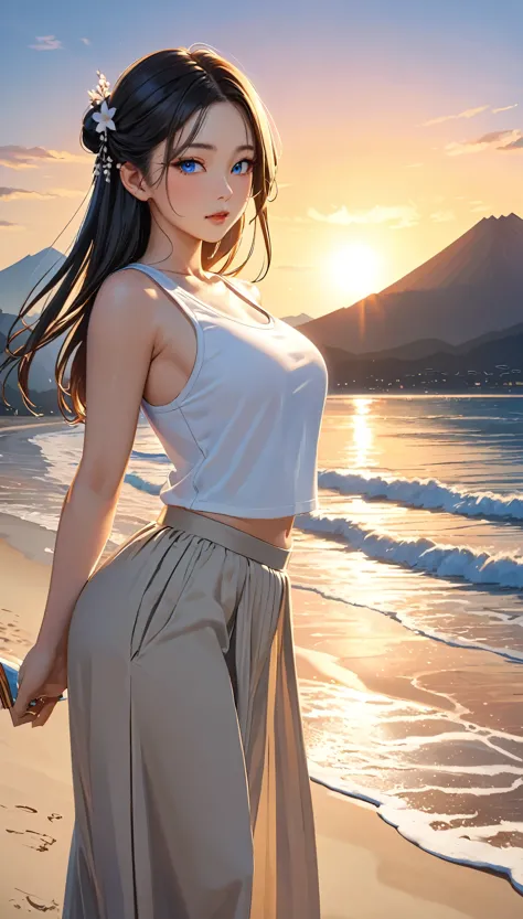 Highest quality, Super quality, 16K, Incredibly absurd, Very detailed, 2.5D, delicate and dynamic, blue sky, Calm sea, Sandy Beach, Sunset, sunset, Sand painting of LOVE, Fuji Mountain, Small face, Extremely delicate facial expression, Delicate eye depiction, Extremely detailed hair, Upper body close-up, erotic, sole sexy Japanese lady, healthy shaped body, 22 years old lady, student,  huge firm bouncing busts, white silver long hair, sexy long legs, Glowing Skin, Soft Skin, Sleeveless white T-shirt, brown long skirt, barefoot, Standing backwards, Turn to the camera