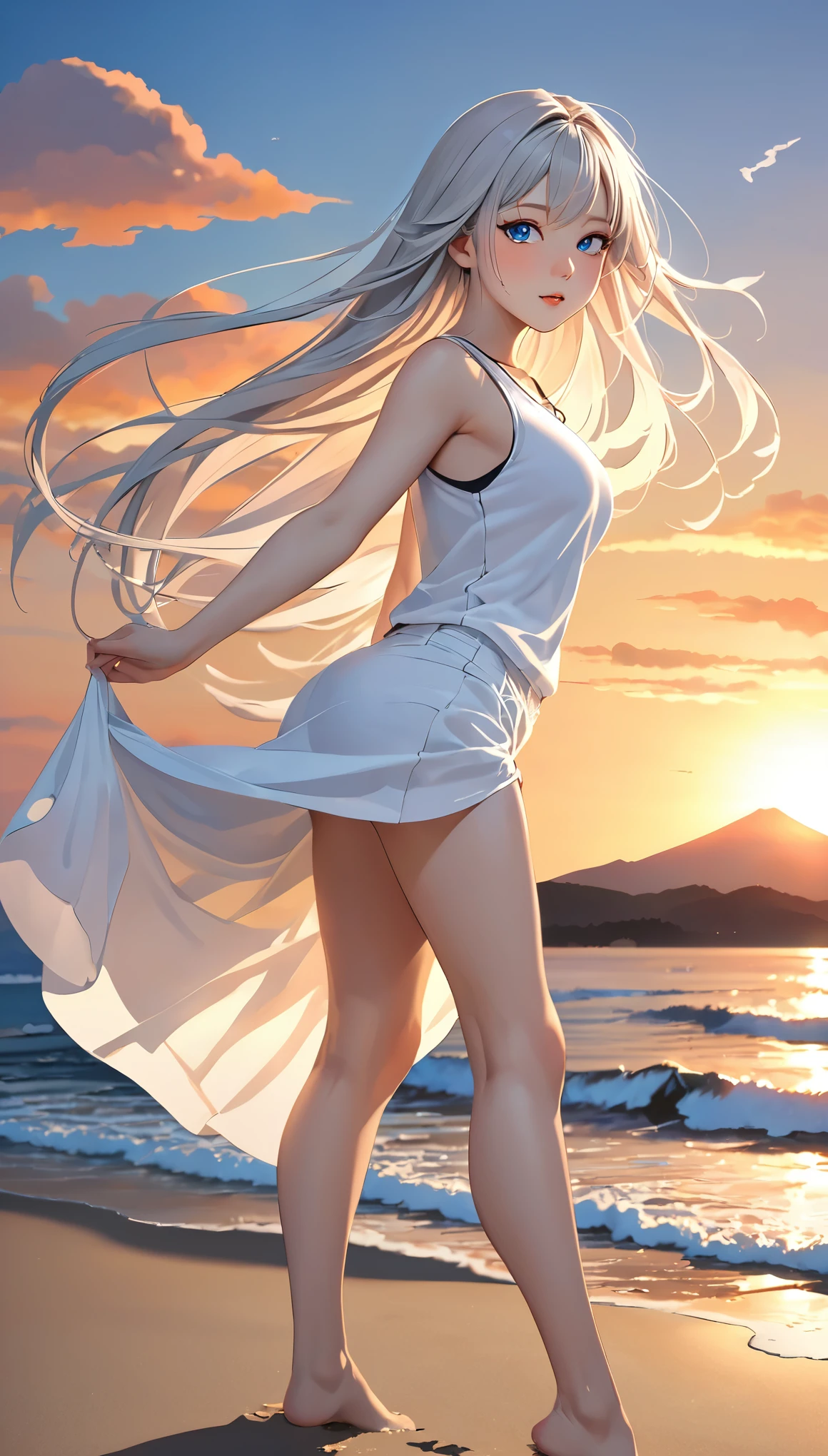 Highest quality, Super quality, 16K, Incredibly absurd, Very detailed, 2.5D, delicate and dynamic, blue sky, Calm sea, Sandy Beach, Sunset, sunset, Enoshima, Fuji Mountain, Small face, Extremely delicate facial expression, Delicate eye depiction, Extremely detailed hair, Upper body close-up, erotic, sole sexy Japanese lady, healthy shaped body, 22 years old lady, student,  huge firm bouncing busts, white silver long hair, sexy long legs, Glowing Skin, Soft Skin, Sleeveless white T-shirt, brown long skirt, barefoot, Standing backwards, Turn to the camera