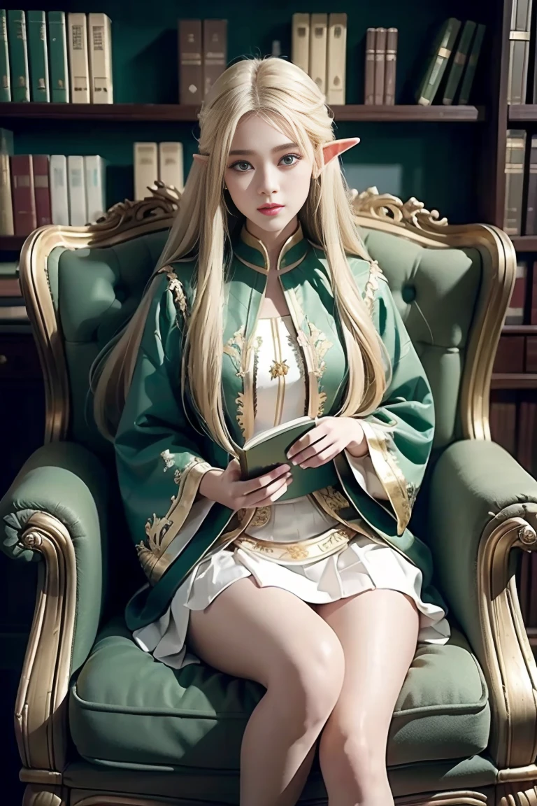 (((Masterpiece, highest quality, high definition, high detail)))), one, ((fantasy)))), (elf woman)))), (white short skirt with gold embroidery), (blonde long straight hair), (glossy dark green eyes), (green surcoat with gold embroidery), big, (((National Library of the royal capital)), (A large space with a lot of books)), sit in a chair and read a book , Particles of light flying