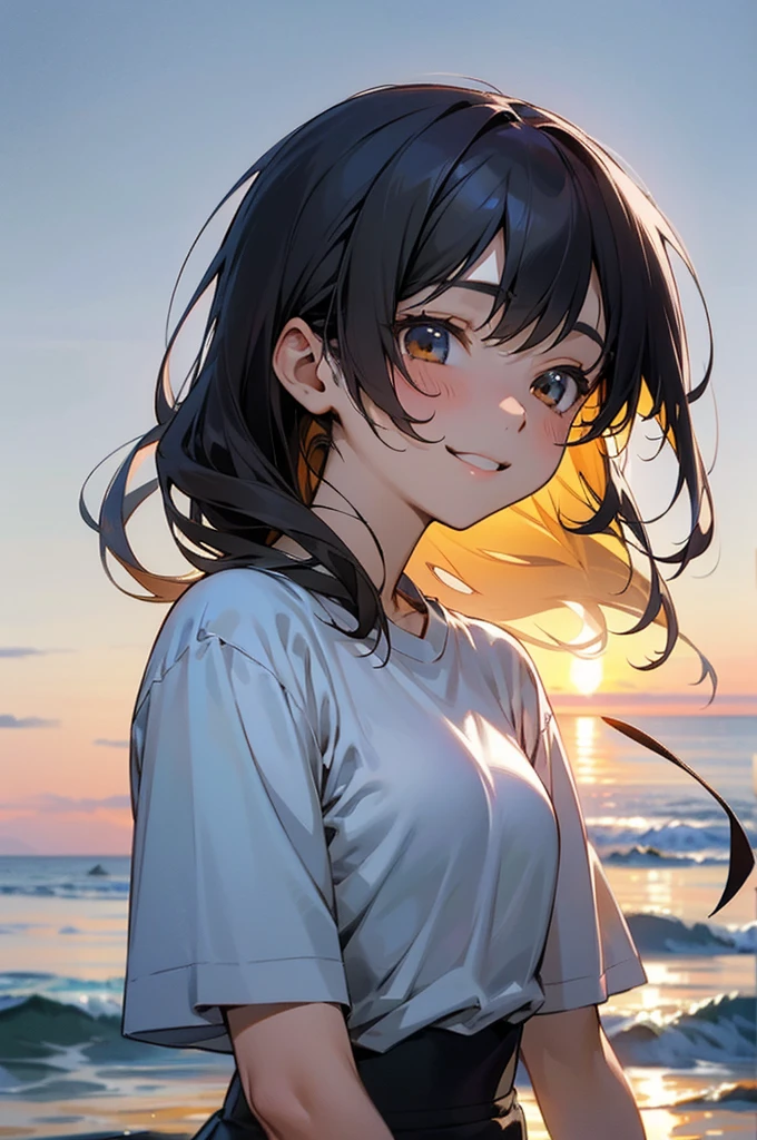 Una mujer　sonrisa　Cabello largo y sedoso　camiseta blanca oversize　Verano　atardecer　costero　　más alto　4k　alta calidad　Alta resolución　exactitud　詳細で繊細でalta calidadな表情　詳細で繊細でalta calidadな瞳　詳細で繊細でalta calidadな髪　