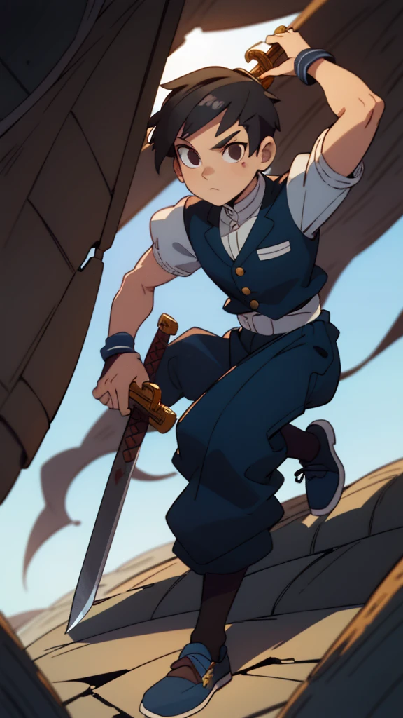 A young, adventurous boy with short hair, a white cut, and his brown eye, wears a suit of blacksmith armor and long black pants, blue shoes, and carries two rusty metal swords that are mega sharp. 